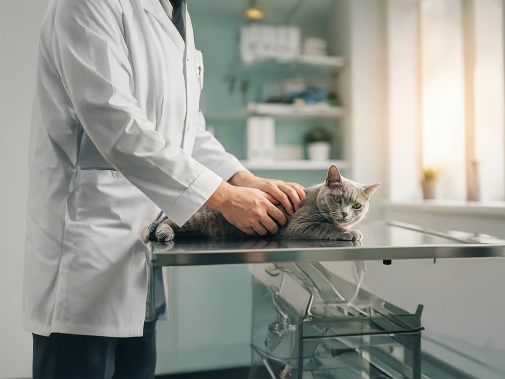 Veterinario examinando a un gato gris