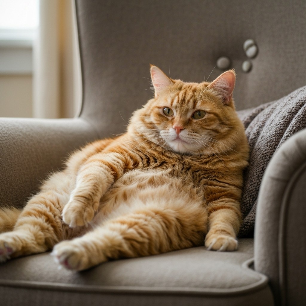 Un gato atigrado naranja gordito sentado reclinado como un humano en un sillon gris, apoyado contra un cojin.