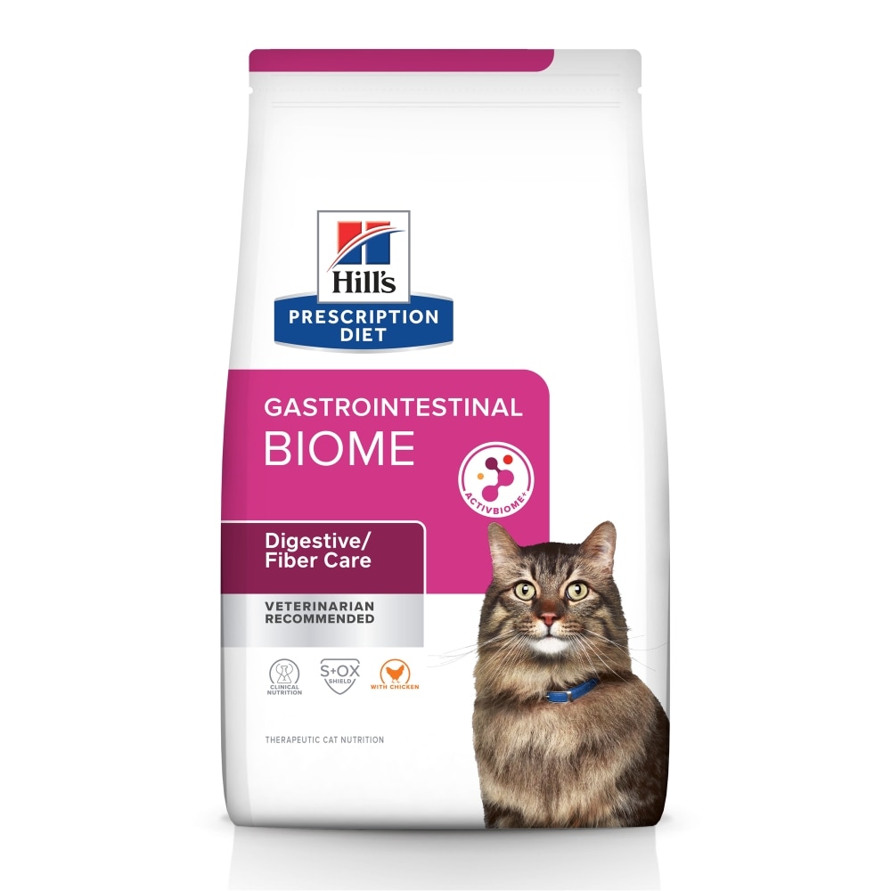 Bolsa de comida para gatos Hills Gastrointestinal Biome con gato atigrado marrón