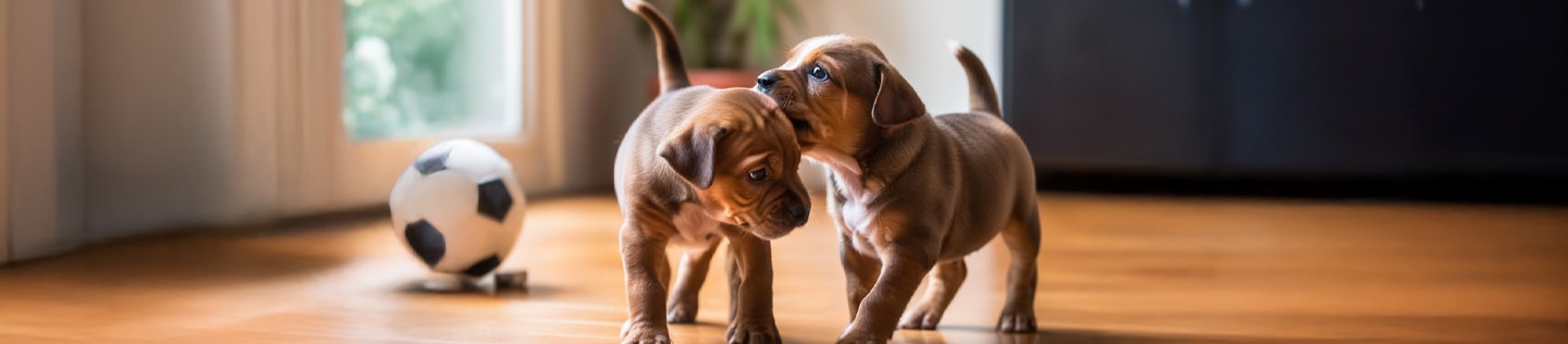 Two puppies playing at home