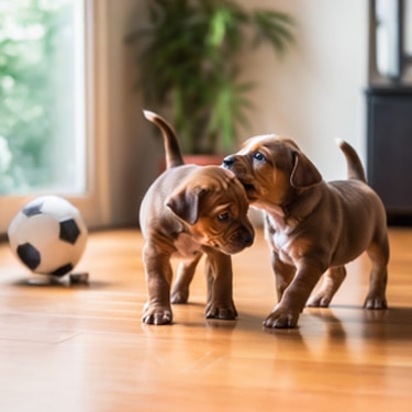 Two puppies playing at home
