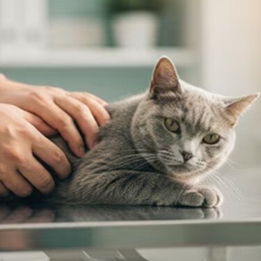 Veterinario examinando a un gato gris sobre una mesa metálica en una clínica