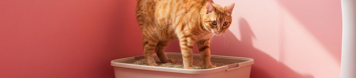 Un gato atigrado naranja de pie dentro de un arenero beige con la cola levantada, contra una pared rosa.
