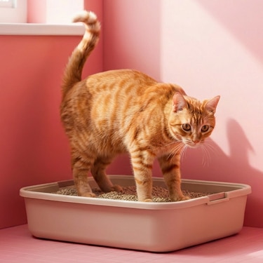 Un gato atigrado naranja de pie dentro de un arenero beige con la cola levantada, contra una pared rosa.