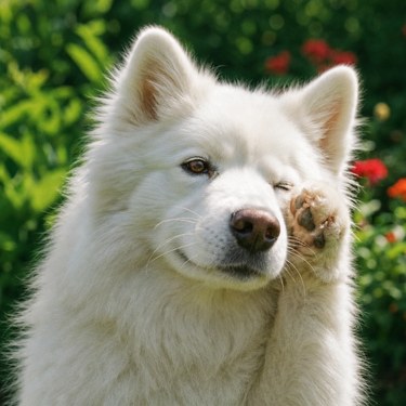 Perro blanco al aire libre levantando una pata junto a su rostro