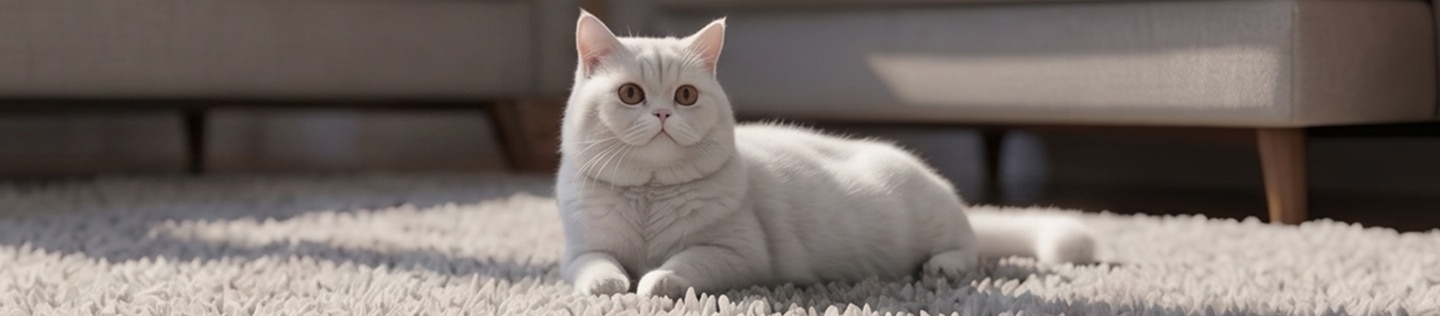 Una vista amplia de un gato blanco y esponjoso acostado sobre un tapete gris en una sala moderna e iluminada por el sol.