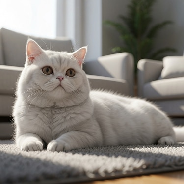 Una vista amplia de un gato blanco y esponjoso acostado sobre un tapete gris en una sala moderna e iluminada por el sol.