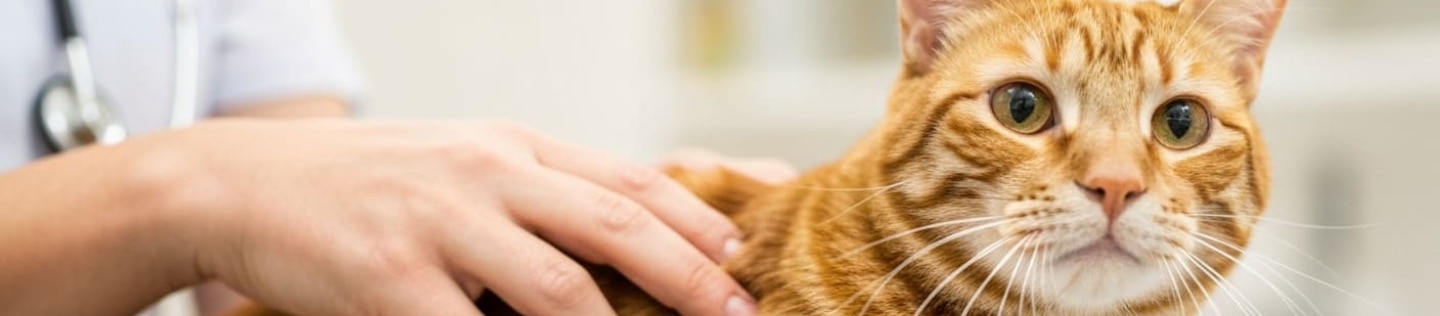 Primer plano de un gato atigrado naranja siendo acariciado por una persona que usa un estetoscopio, sugiriendo un entorno de veterinaria.
