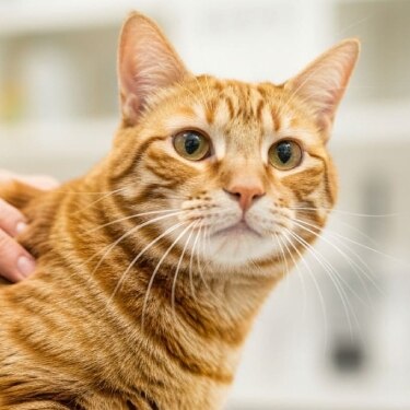 Primer plano de un gato atigrado naranja siendo acariciado por una persona que usa un estetoscopio, sugiriendo un entorno de veterinaria.