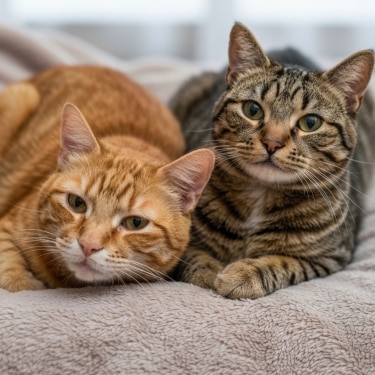 Dos gatos recostados sobre una cama