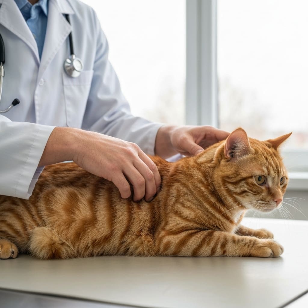 Gato atigrado naranja en una mesa de consulta mientras un veterinario con bata blanca y estetoscopio examina su pelaje y piel.