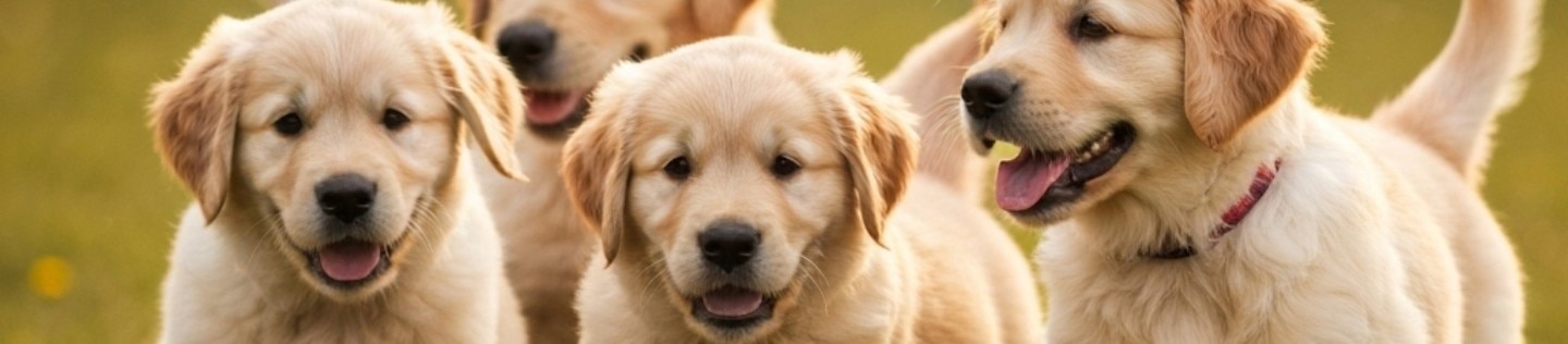 Puppy litter running together in grass field