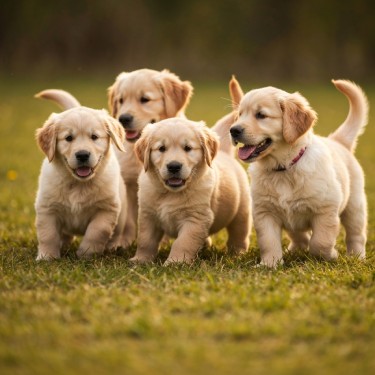 Puppy litter running together in grass field