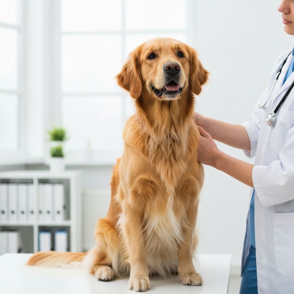 Perro Golden Retriever sentado en una mesa de examen mientras una veterinaria con bata blanca y estetoscopio palpa su cuello, en un consultorio luminoso.