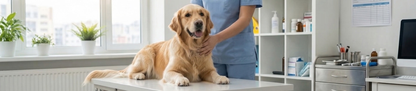 Un Golden Retriever echado sobre una mesa de examen veterinario, mientras personal de salud con uniforme azul y estetoscopio lo examina y acaricia suavemente, en una clínica luminosa.