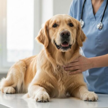 Un Golden Retriever echado sobre una mesa de examen veterinario, mientras personal de salud con uniforme azul y estetoscopio lo examina y acaricia suavemente, en una clínica luminosa.