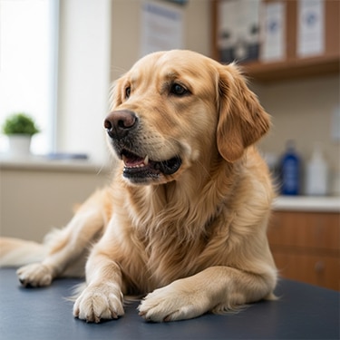 Un Golden Retriever echado sobre una mesa de examen veterinario