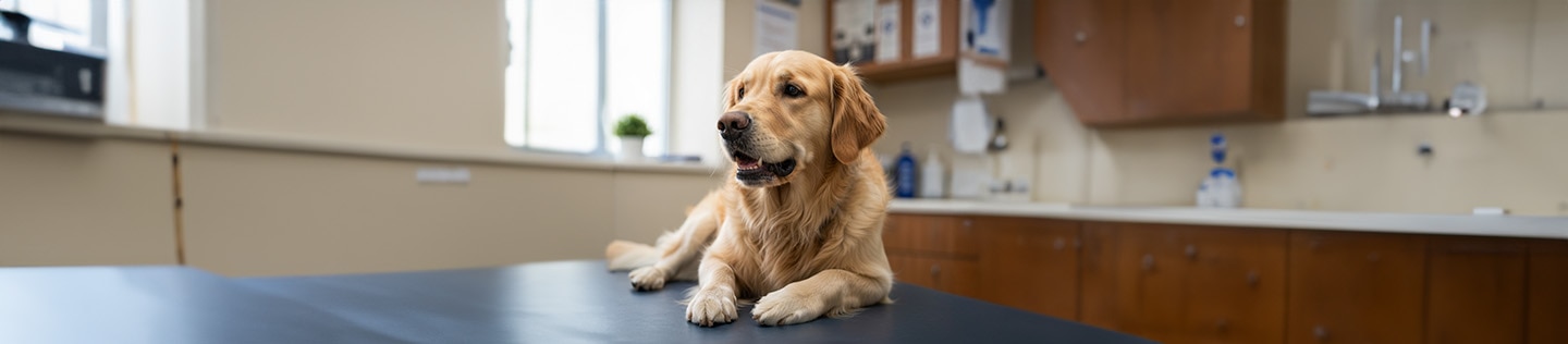Un Golden Retriever echado sobre una mesa de examen veterinario