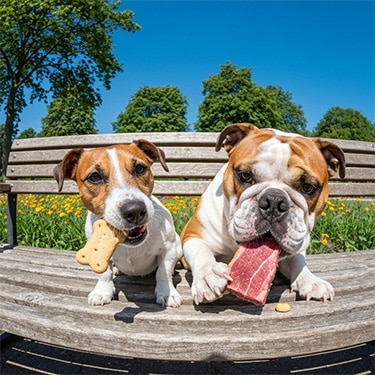 Perros sentados comiendo snacks