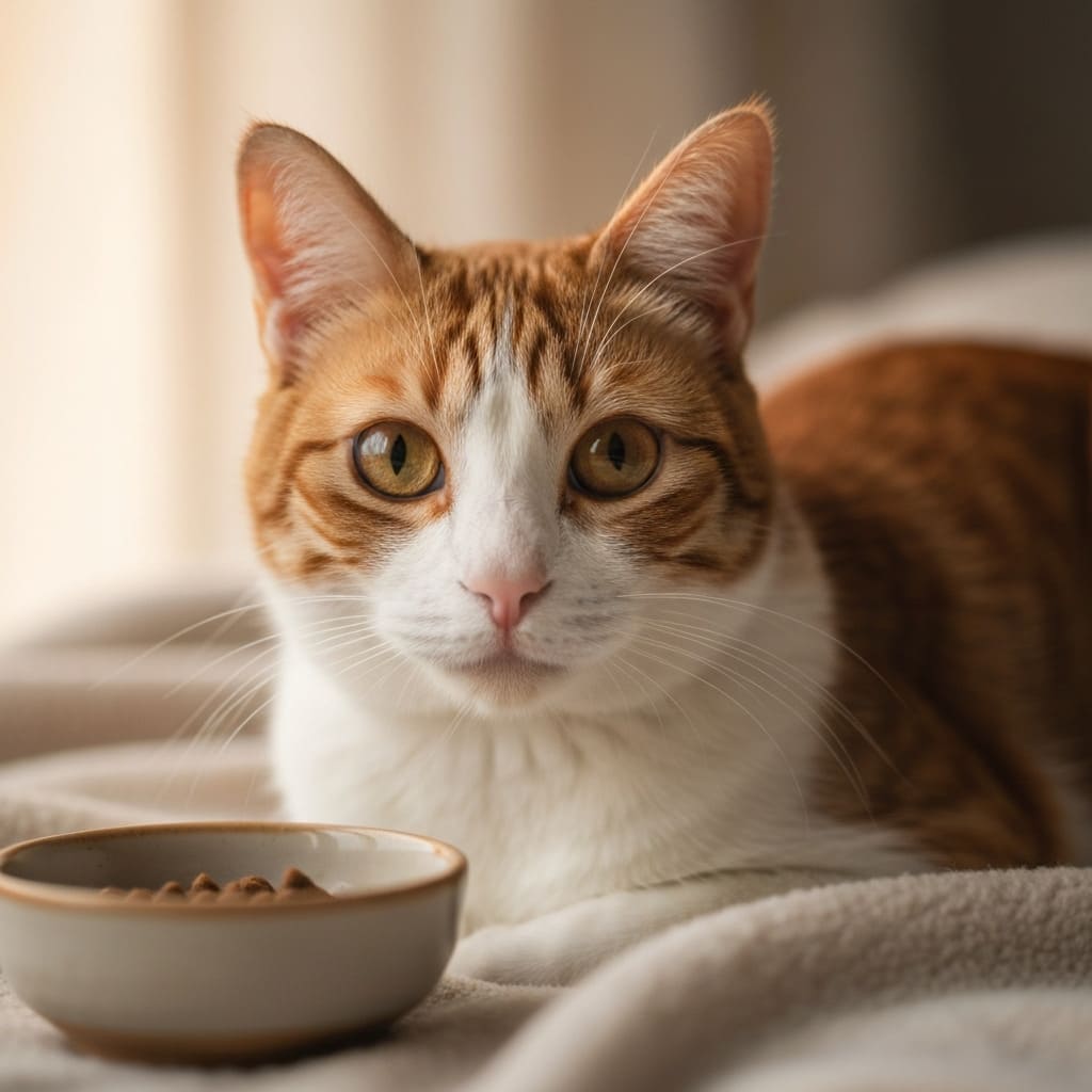 Gato naranja cerca de su plato de comida