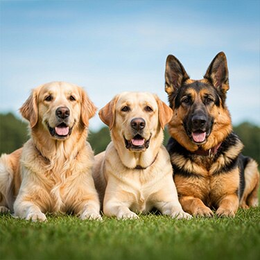 Tres perros sentados en el cesped