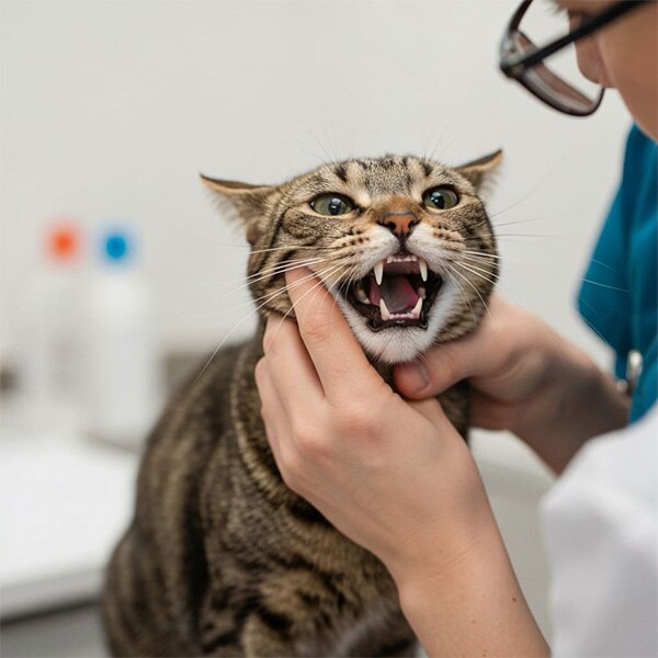 Veterinario examinando los dientes de un gato