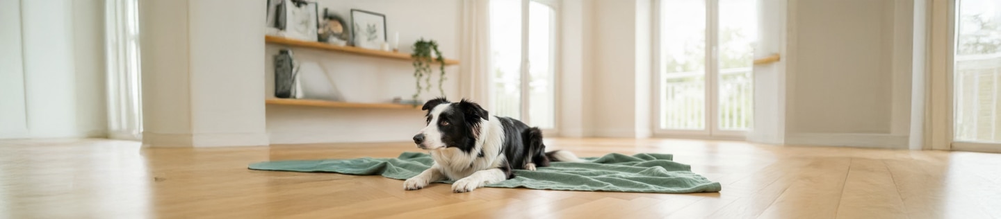 Perro echado sobre una sabana verde en el interior de una casa