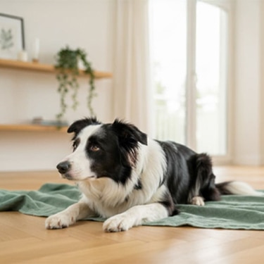 Perro echado sobre una sabana verde en el interior de una casa