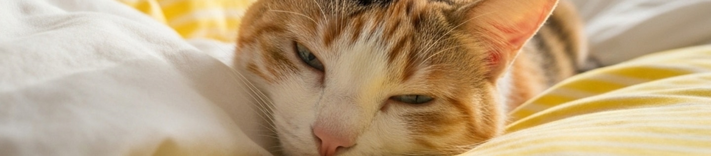 Gato casi despierto acostado en la cama