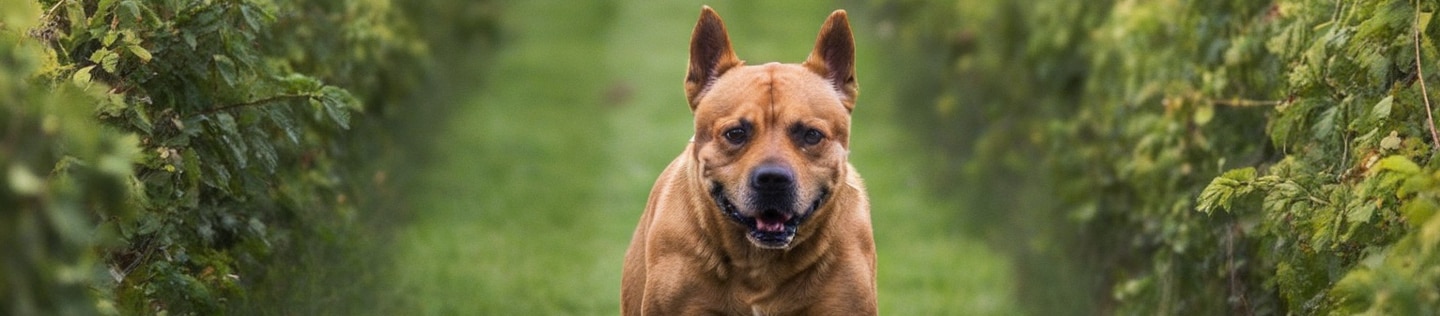 Dog running along a grassy path