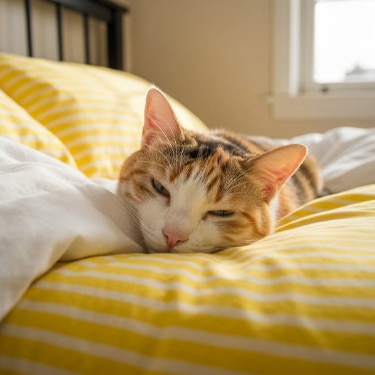 Gato casi despierto acostado en la cama