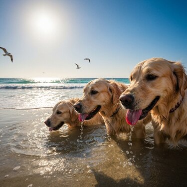 Dogs drinking water on the beach
