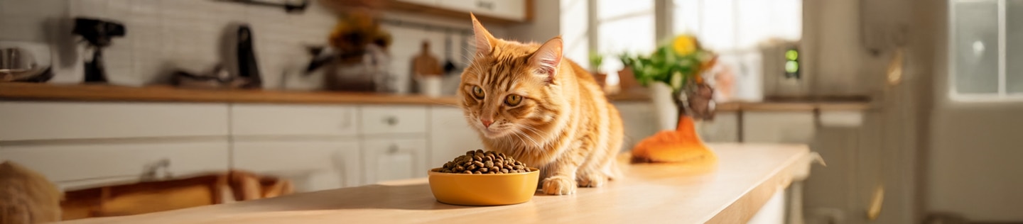 Gato anaranjado comiedo alimeto hills en su taza en la cocina