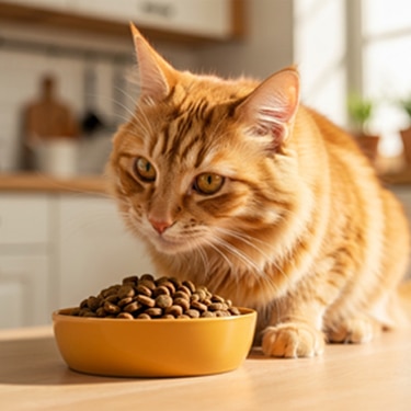 Gato anaranjado comiedo alimeto hills en su taza en la cocina