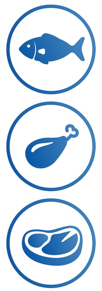 iconos de pescado, pollo, carne de res