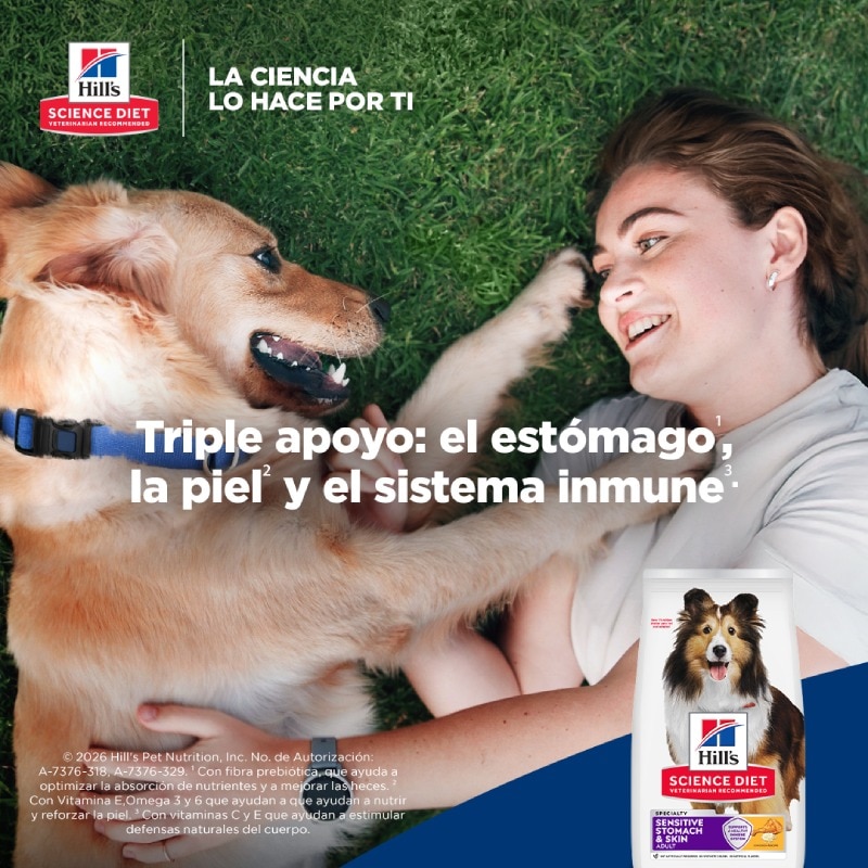 Anuncio de Hill's Science Diet con una mujer y su perro felices en el césped