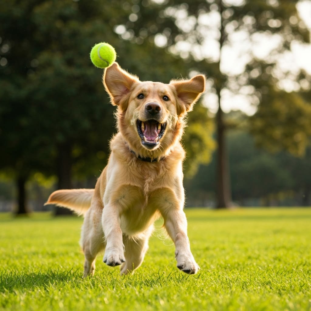 Perro Golden Retriever jugando con una pelota de tenis